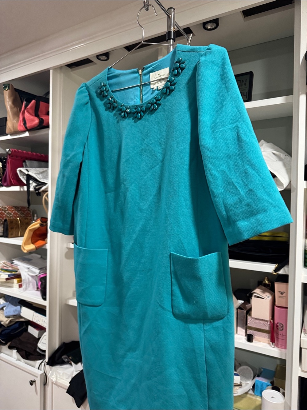 kate spade Teal jeweled-neck Shift Dress